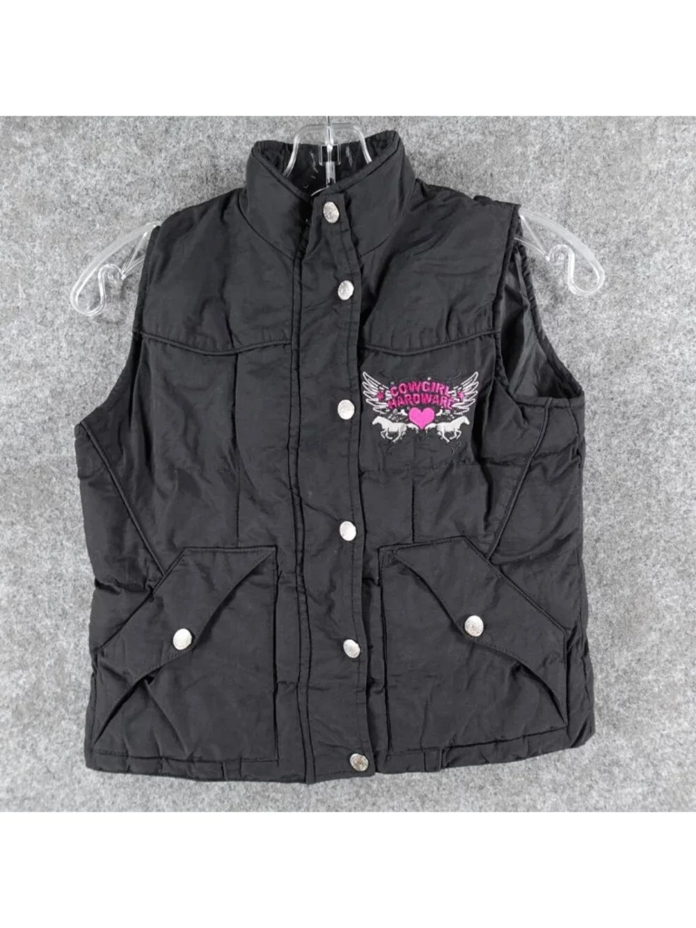 Cowgirl Hardware Puffer Vest Womens S Black Too Cute Embroidery Heart Rhinestone